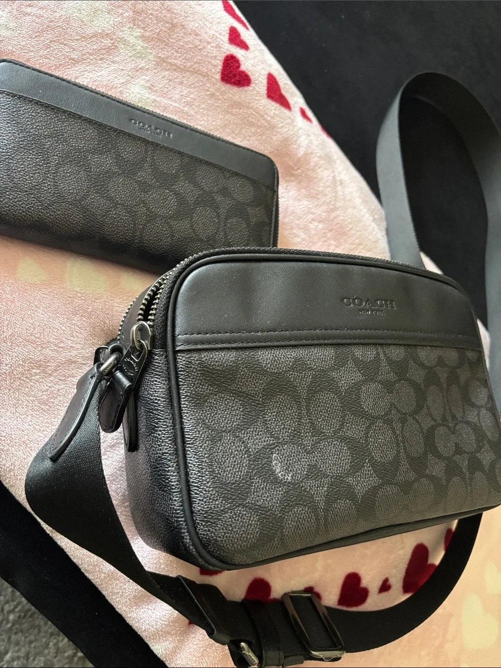 Coach Black Signature Crossbody Bag and Zip Wallet Set